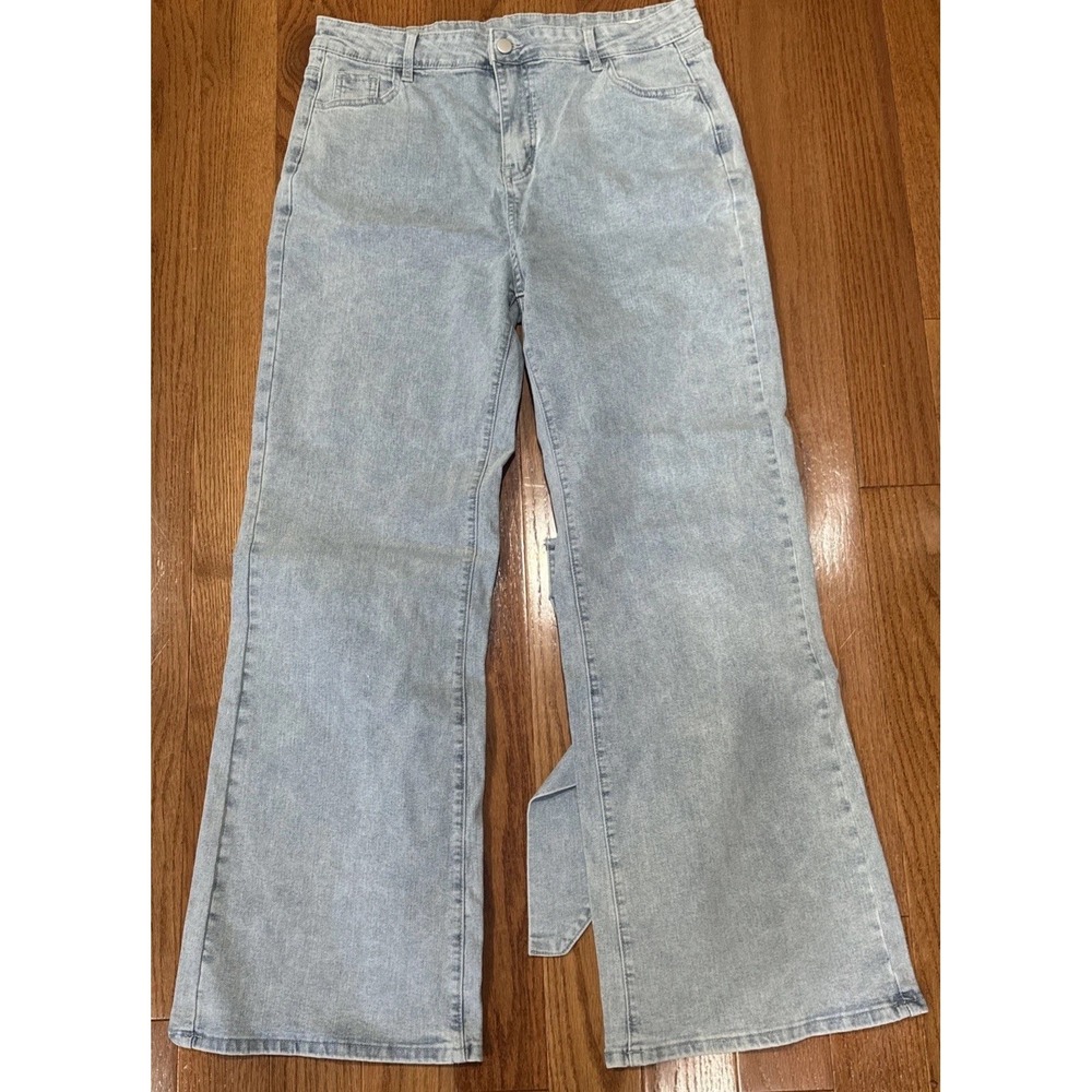 Casual Light Denim Flare Wide Leg Bow Jeans Coquette Feminine Boho Jeans XL - Picture 2 of 7